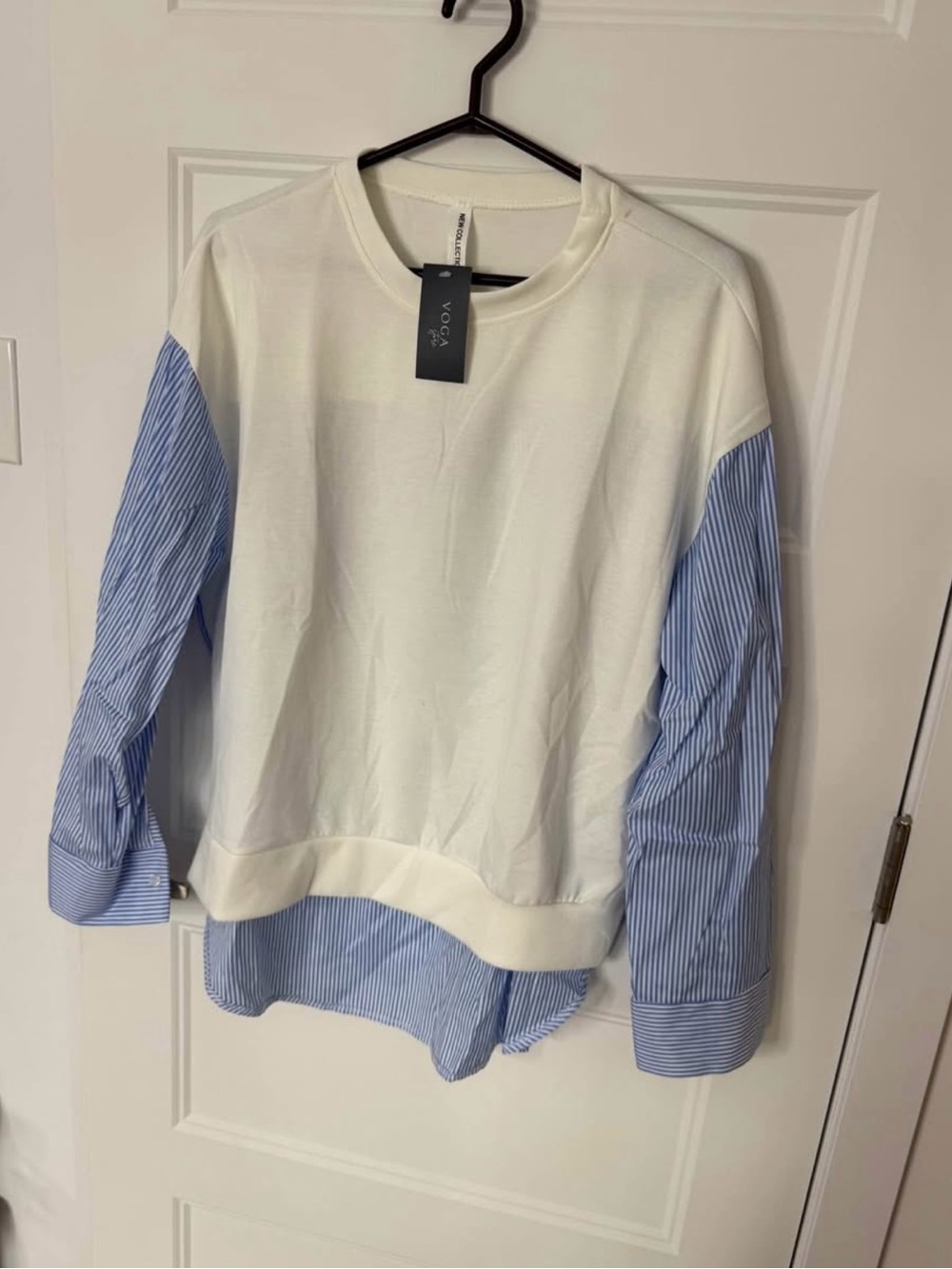 VOGA White Sweatshirt with Blue Pinstripe Shirt-Sleeve Detail